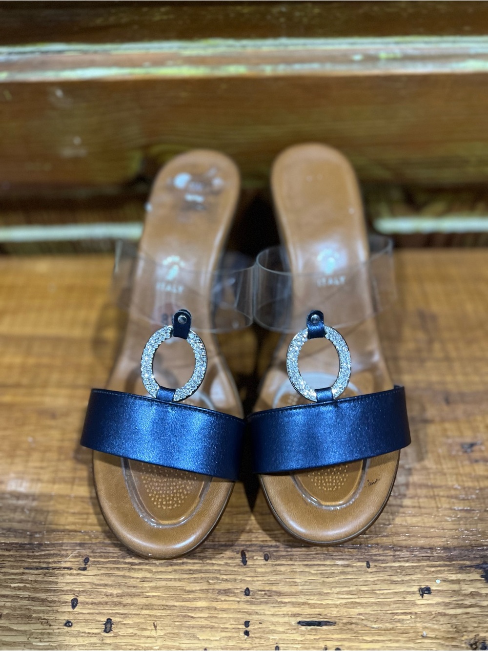 Navy & Clear Strap Wedges with Rhinestone Accent